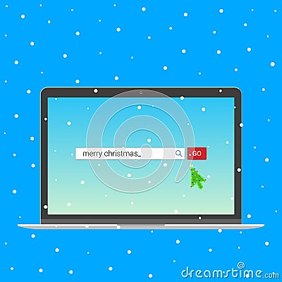 Laptop notebook device with search bar with text Merry christmas and button go with christmas tree arrow cursor pointer. Vector Illustration