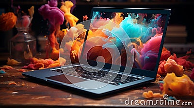 A laptop with a notebook and a notebook with a colorful page that says'color code'on it Stock Photo