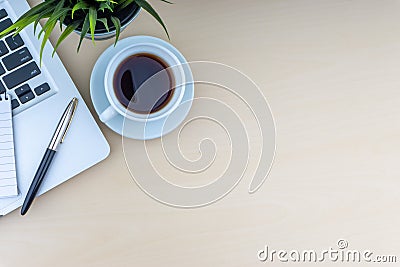 Laptop, notepad, fountain pen, decorative plant and cup of coffee on wooden background Stock Photo