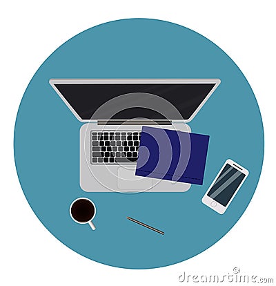 Laptop and office supplies laying on the board, top view Vector Illustration