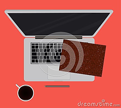 Laptop and office supplies laying on the board Vector Illustration
