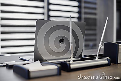 Laptop in office workplace. Business work place for chief, boss or other employees. Notebook on work table - 2019.07.07 - Russia, Editorial Stock Photo