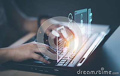 Laptop and online of Cybersecurity privacy protect data. 2FA internet network security technology, Two Factor Authentication, Cybe Stock Photo