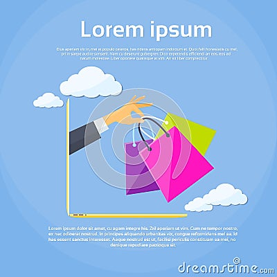 Laptop Online Shopping Bag Business Man Hand Vector Illustration