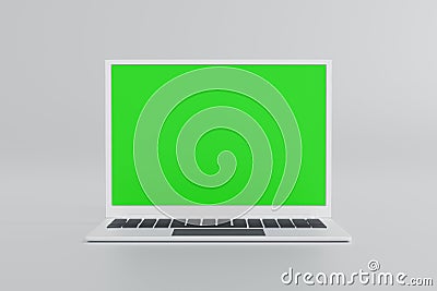 Laptop open to show green screen and close up display, application website present, 3D rendering Stock Photo