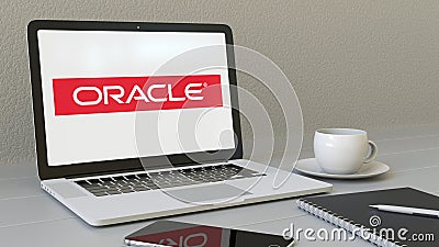 Laptop with Oracle Corporation logo on the screen. Modern workplace conceptual editorial 3D rendering Editorial Stock Photo