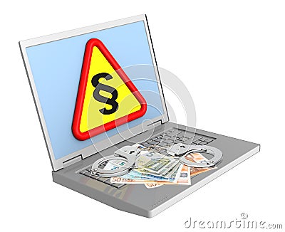 Laptop with paragraph sign, euro bills and handcuffs Stock Photo