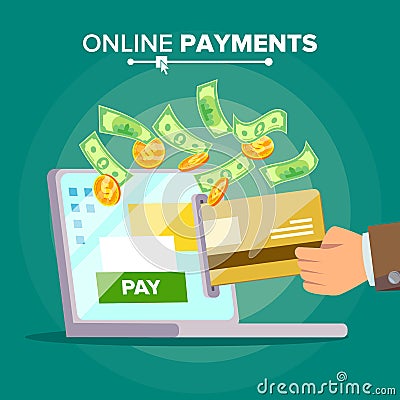 Laptop Payment Vector. Transaction And Paypass. Tax Research, Ecommerce. Isolated Flat Cartoon Illustration Vector Illustration