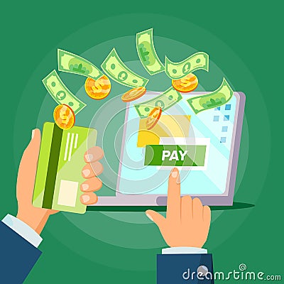 Laptop Payment Vector. Online Payments Concept. Bill Heap. Online Shopping On Laptop. Isolated Flat Cartoon Illustration Vector Illustration