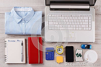 Laptop, personal things and wallet. Stock Photo