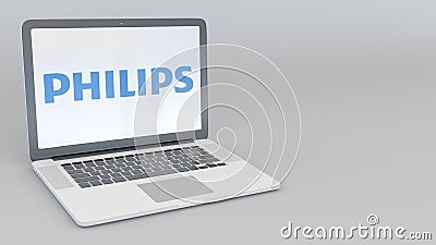 Laptop with Philips logo. Computer technology conceptual editorial 3D rendering Editorial Stock Photo