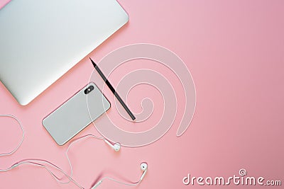 Laptop Phone Earphone Pink Minimal Top Flat Lay Stock Photo