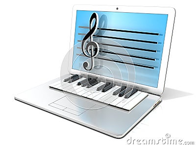 Laptop with piano keyboard. Concept of computer, digitally generated music Stock Photo