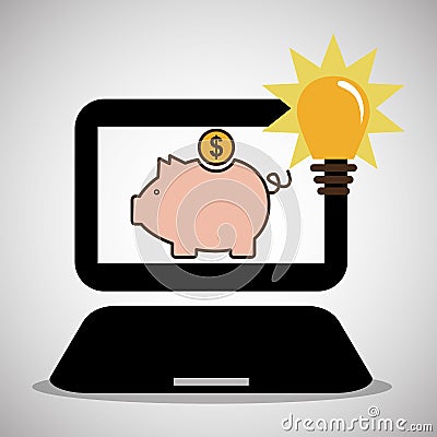 laptop piggy money bulb light Cartoon Illustration