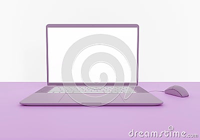 laptop on pink purple table, mockup monitor Stock Photo