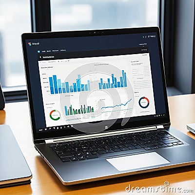 A Laptop Placed on a Desk Displaying Various Data Visualizations and Analyzes on its Screen, It Displays Graphs for Data Analysis. Stock Photo
