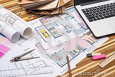 Laptop with plan of apartment rooms, draw tolls Stock Photo