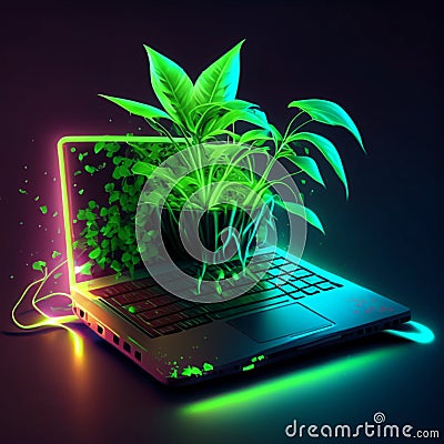Laptop with plant on the screen. Vector illustration in neon style AI generated Cartoon Illustration