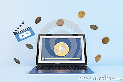 Laptop with play button interface and floating coins concept on light background. Online revenue stream. 3D Rendering Stock Photo