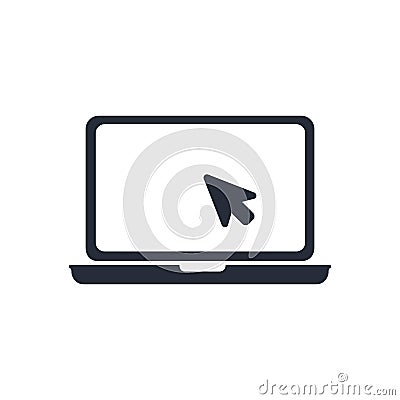 Laptop with pointer or cursor icon isolated. Notebook screen template. Display with clicking mouse on white background. Vector Illustration