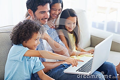Laptop, pointing and happy family dad, kids or people gesture at online website, social network video or comic. Smile Stock Photo