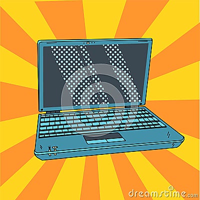 Laptop in pop art. Open digital notebook in comic style. Vector illustration. Cartoon Illustration