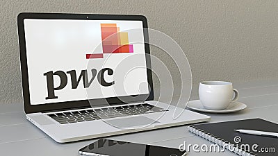 Laptop with PricewaterhouseCoopers PwC logo on the screen. Modern workplace conceptual editorial 3D rendering Editorial Stock Photo