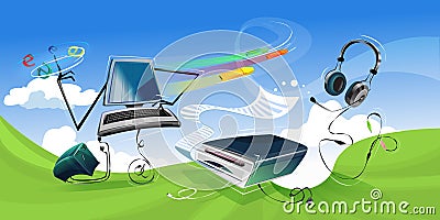 Laptop, Printer, Papers Illustration Stock Photo