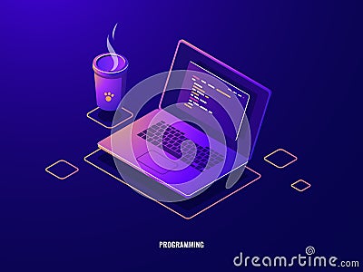 Laptop with program code isometric icon, software development and programming applications dark neon Vector Illustration