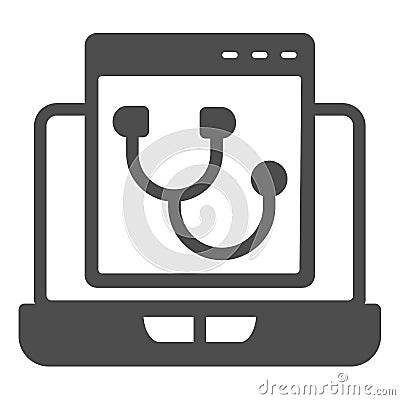 Laptop program page with stethoscope solid icon, pcrepair concept, laptop vector sign on white background, program page Vector Illustration