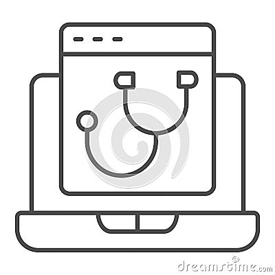 Laptop program page with stethoscope thin line icon, pcrepair concept, laptop vector sign on white background, program Vector Illustration