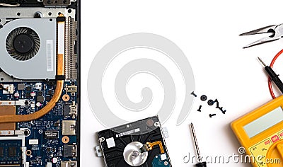 Laptop repair and maintenance concept visual with white background Stock Photo