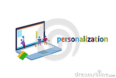 Laptop screen business people personalization interface concept team painting monitor creative new idea Vector Illustration