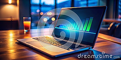 Laptop Screen Displays Data Update Progress Bar in LowLight Conditions Monitoring Download Upload or Backup Status Stock Photo