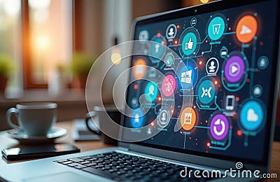 Laptop screen displays digital productivity toolkit icons. Software apps, tools connected by lines. Bokeh effect on background. Stock Photo