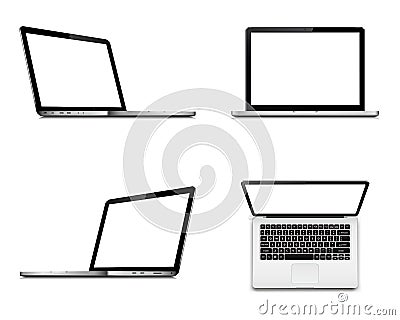 Laptop screen mockup with perspective, top and front view. Set of vector laptops with blank screen. Vector Illustration