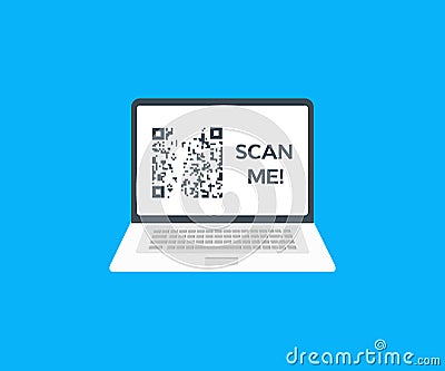 Laptop screen QR codes with scan me inscription, UI UX design element logo design. Qr code for payment, e-wallet, web. Vector Illustration