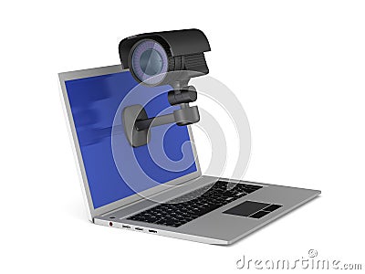 Laptop and security camera on white background. Isolated 3D illustration Cartoon Illustration