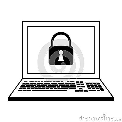 Laptop with security system black and white Vector Illustration