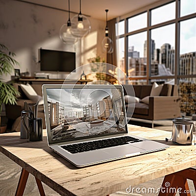 Laptop Setting on Desk Sunlight through Window Stock Photo