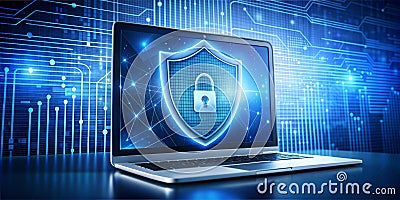 Laptop with shield on screen symbolizing protection security, virus security malware computer hacker Stock Photo