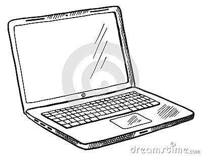 Laptop sketch. Open computer with blank screen in hand drawn style Vector Illustration