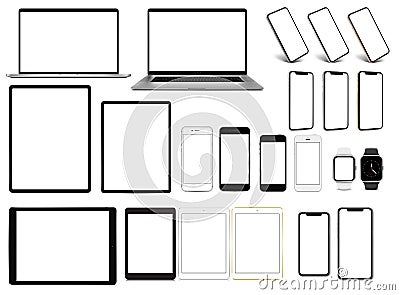Laptop smartphone tablet pro smartwatch set of devices with blank screen template Vector Illustration