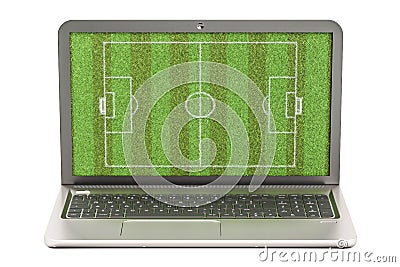 Laptop with soccer field, 3D rendering Stock Photo