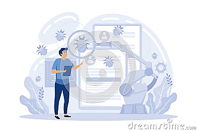 Laptop and software assisting in testing process, tiny people testers. Automated testing, automotive executed test, software auto Vector Illustration