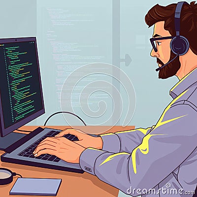 On a laptop, a software programmer types code chatgpt Illustration Stock Photo