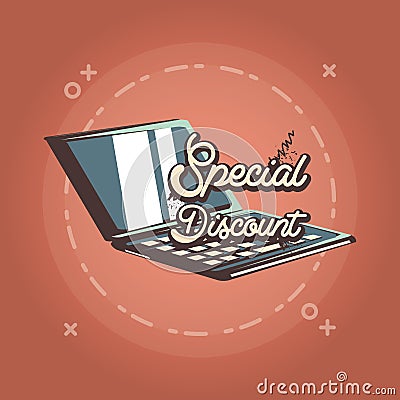Laptop special discount offer retro shopping style Vector Illustration