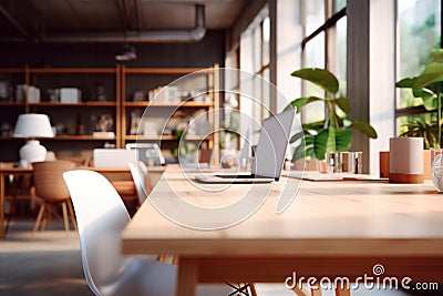 Laptop standing on the wooden table an office Stock Photo