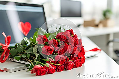 laptop standing at workplace in office,on monitor of which heart is painted,and next to it lies bouquet of scarlet roses,concept Stock Photo