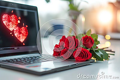 laptop standing at workplace in office,on monitor of which red heart is painted,next to it lies bouquet of scarlet roses concept Stock Photo